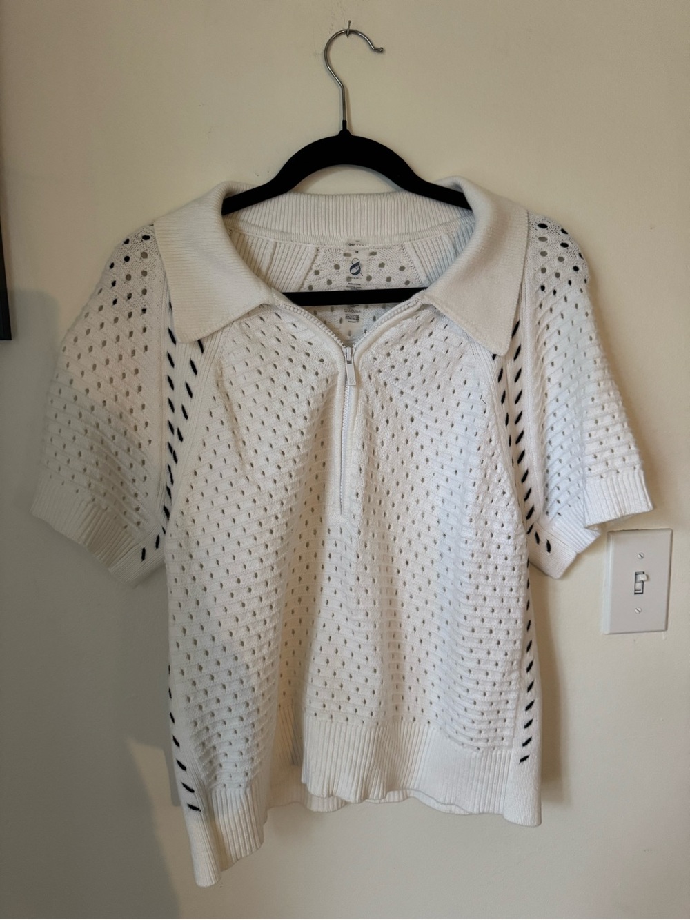 Lou & Grey White Short-Sleeve Open Knit Polo Sweater